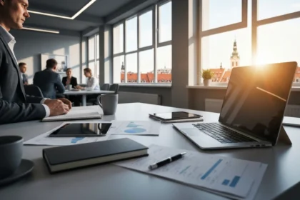 01 european office desk with laptop amber light - Hva gjør en IT-konsulent? Tjenester, eksempler og priser (2025)