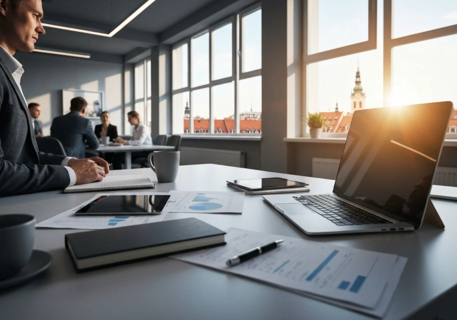 01 european office desk with laptop amber light - Hva gjør en IT-konsulent? Tjenester, eksempler og priser (2025)