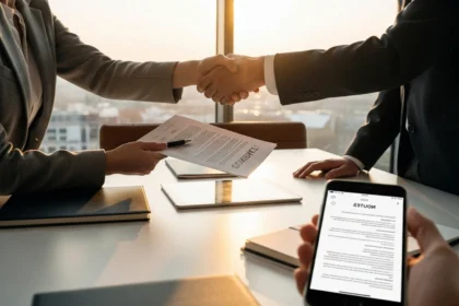 01 golden hour handshake over tablet in scandinavian conference - Last ned samarbeidsavtale‑mal (klar til bruk) + rask sjekkliste