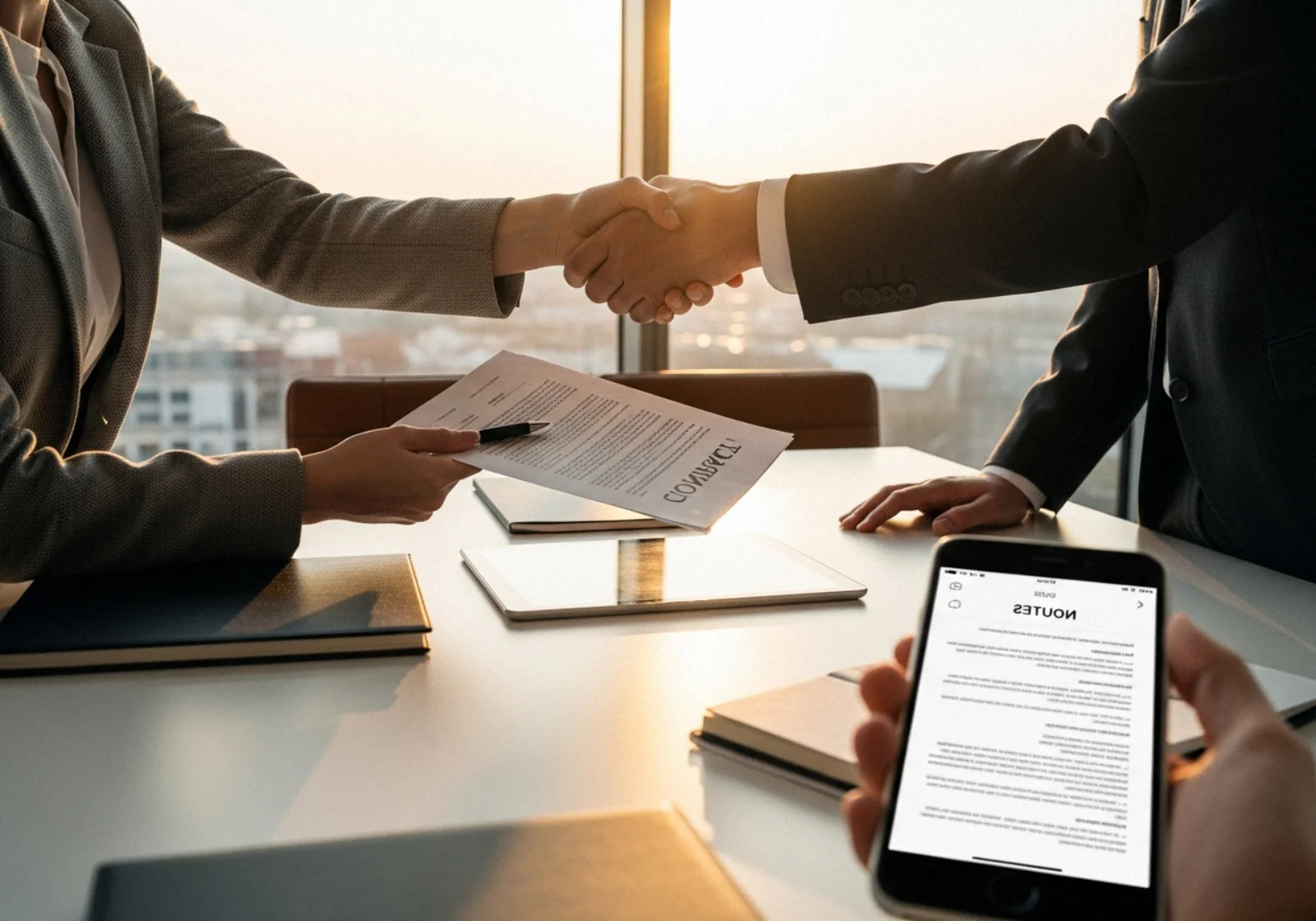 01 golden hour handshake over tablet in scandinavian conference - Last ned samarbeidsavtale‑mal (klar til bruk) + rask sjekkliste