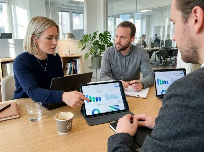 02 over the shoulder nordic office tablet charts - ESG og SDG i partnerskap: KPIer, rapportering og TCFD-tilnærming