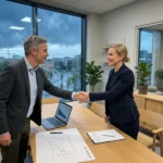 03 handshake at minimalist scandinavian office storm outside - Finansiering og budsjettstyring i strategiske partnerskap med Norad (SPA) – m...