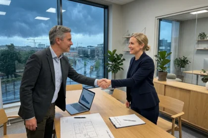 03 handshake at minimalist scandinavian office storm outside - Finansiering og budsjettstyring i strategiske partnerskap med Norad (SPA) – m...