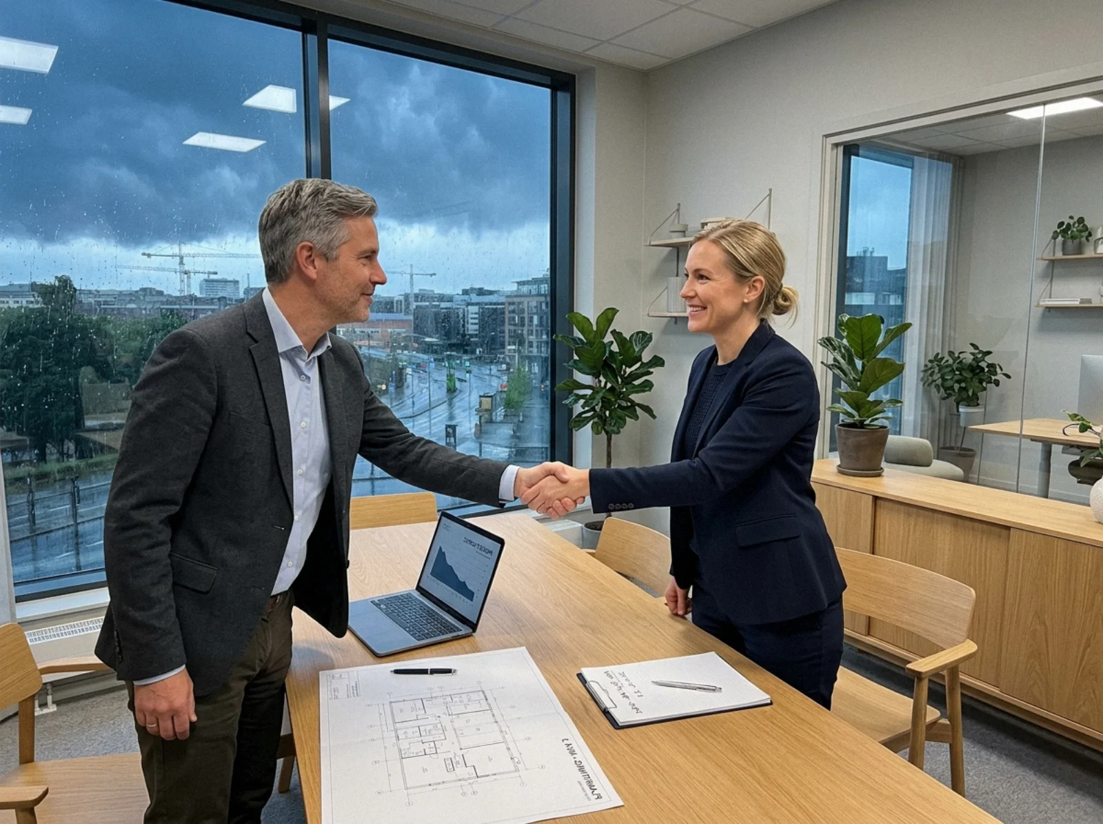 03 handshake at minimalist scandinavian office storm outside - Finansiering og budsjettstyring i strategiske partnerskap med Norad (SPA) – m...