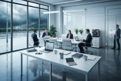 03 stormy window view of european open plan office - Hvordan forhandle med leverandører: taktikk for bedre pris og vilkår (RFQ, BATNA og kon...