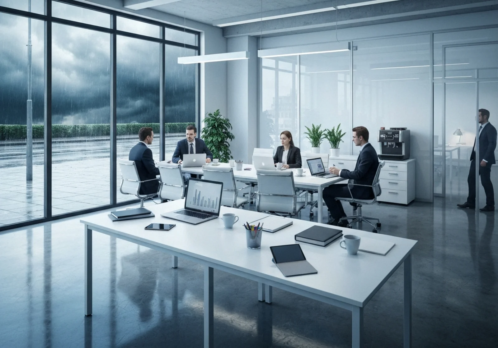 03 stormy window view of european open plan office - Hvordan forhandle med leverandører: taktikk for bedre pris og vilkår (RFQ, BATNA og kon...