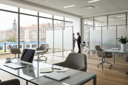 05 glass topped desk with laptop in european open plan office - Sjekkliste og mal: Evaluere og sammenligne leverandørtilbud (mal + spørsmål...