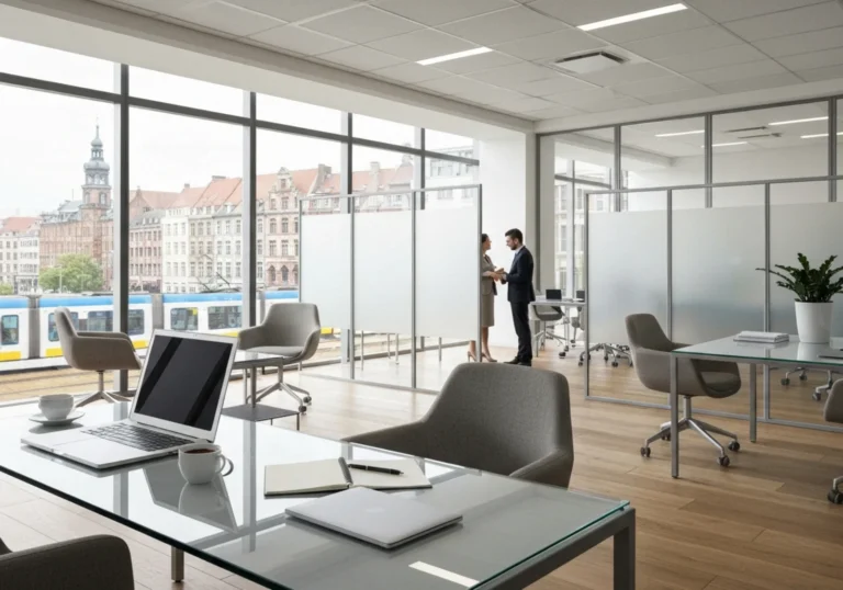 05 glass topped desk with laptop in european open plan office - Sjekkliste og mal: Evaluere og sammenligne leverandørtilbud (mal + spørsmål...