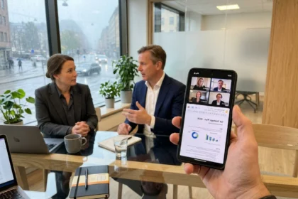 05 nordiskt kontor smartphone med delad skarm - Slik etablerer du et strategisk partnerskap: steg-for-steg sjekkliste for norske bedrifter