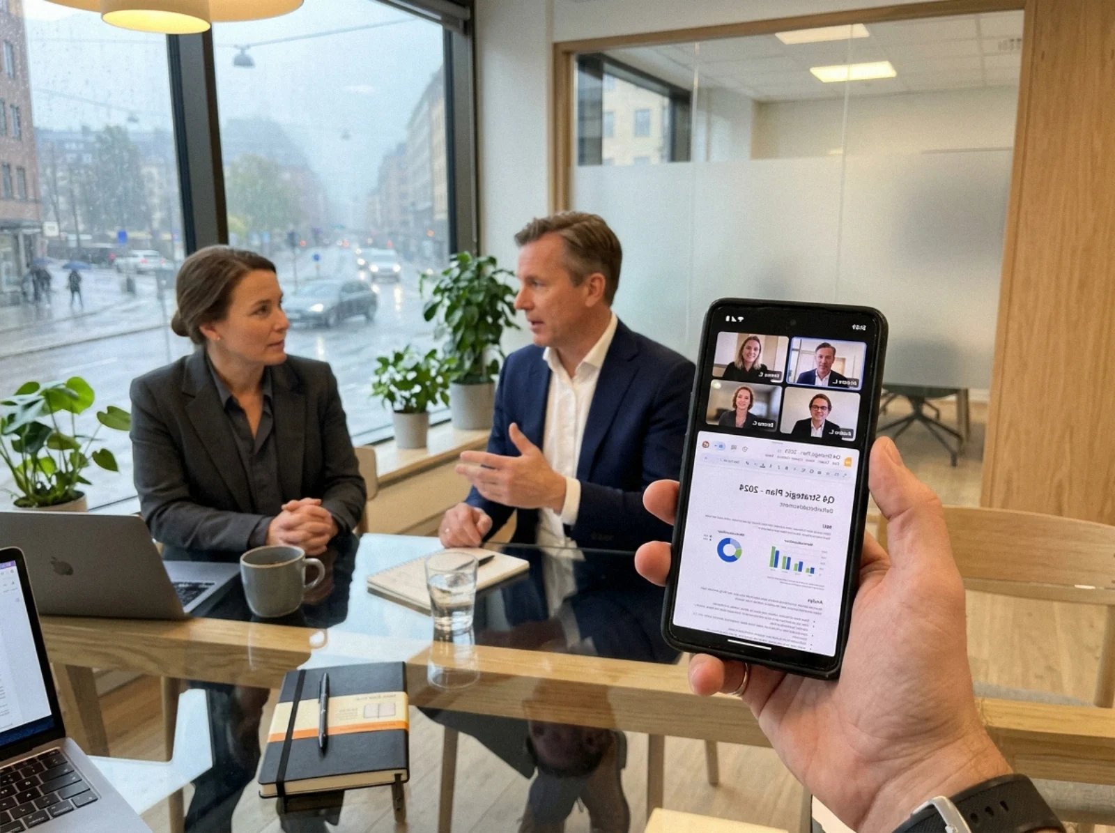 05 nordiskt kontor smartphone med delad skarm - Slik etablerer du et strategisk partnerskap: steg-for-steg sjekkliste for norske bedrifter