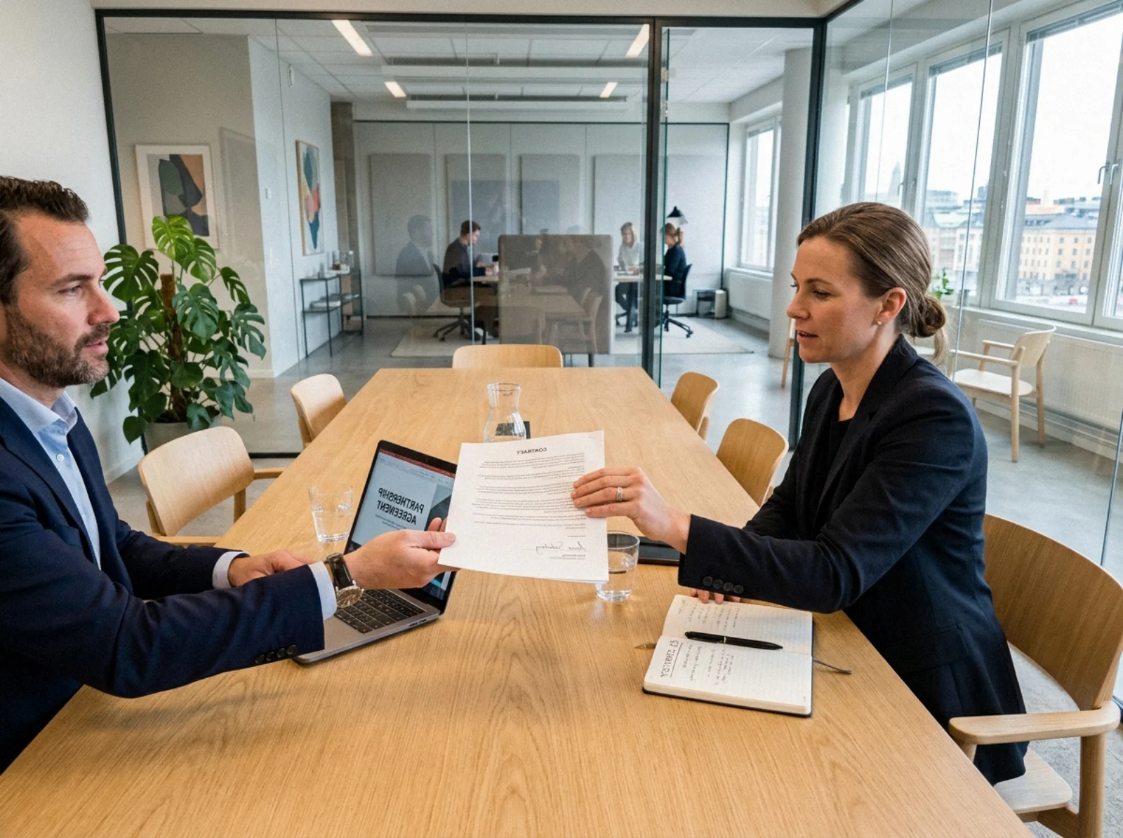 07 foreground hands exchange contract in nordic boardroom - Typer strategiske partnerskap: B2B, bedrift–offentlig (PPP) og NGO-samarbeid