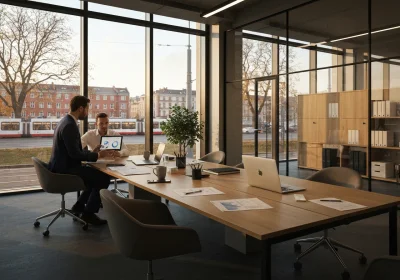 08 golden hour smartphone shot european office conference with tram - Produsent vs. grossist vs. distributør vs. dropshipper: hvilken levera...