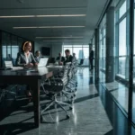 09 charcoal suited woman at glass conference table diagonal shadow - Innholdsplan for LinkedIn: 4‑ukers mal for relasjoner og synlighet