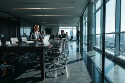 09 charcoal suited woman at glass conference table diagonal shadow - Innholdsplan for LinkedIn: 4‑ukers mal for relasjoner og synlighet