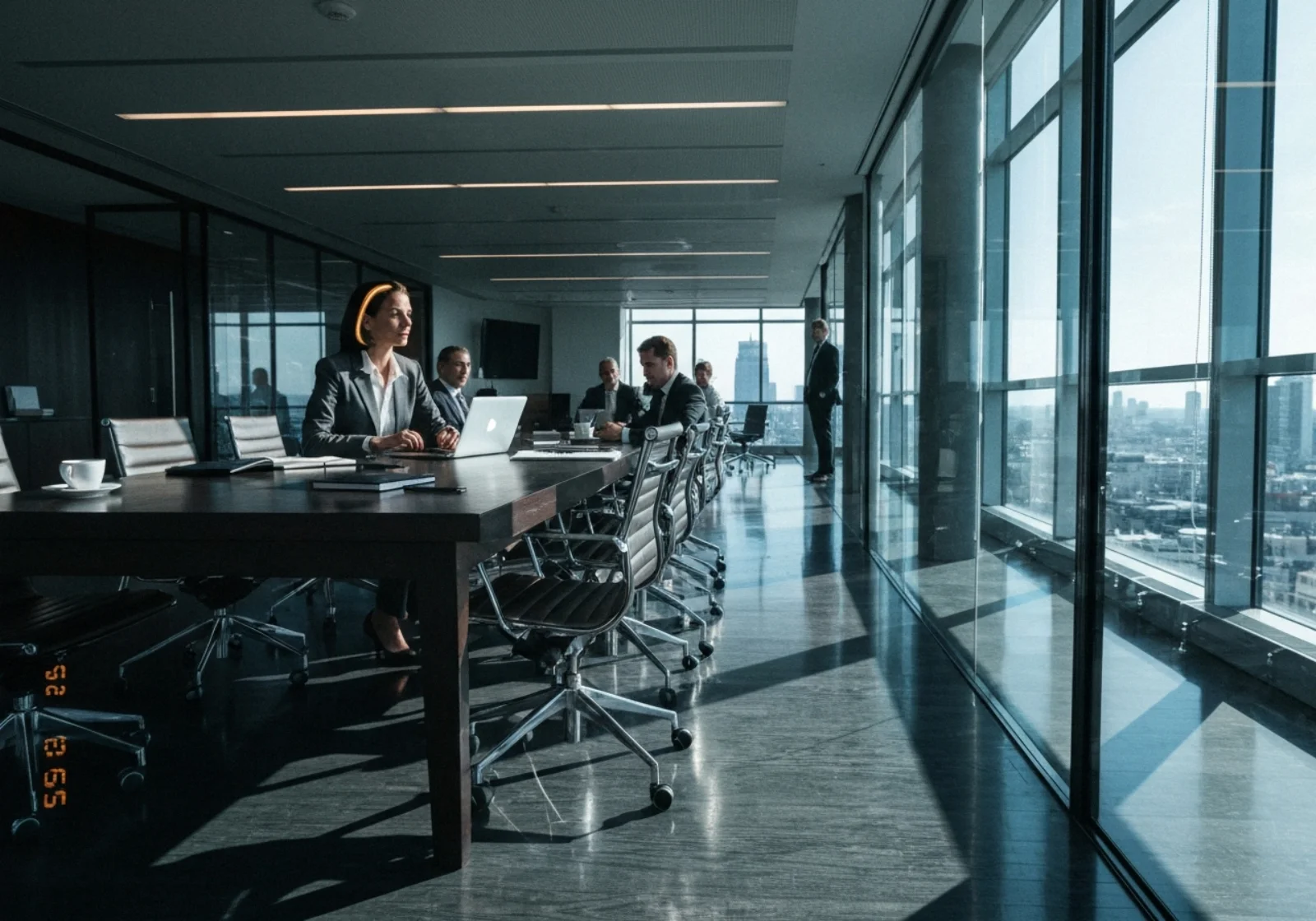 09 charcoal suited woman at glass conference table diagonal shadow - Innholdsplan for LinkedIn: 4‑ukers mal for relasjoner og synlighet