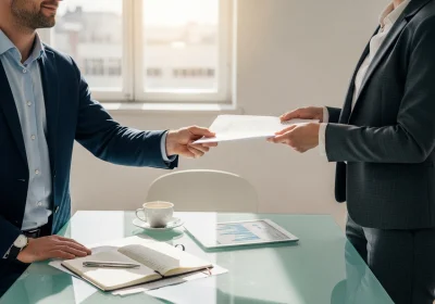 10 sunlit nordic office contract exchange with fluttering papers - Oppfølging etter nettverksmøter: maler, timing og CRM-arbeidsflyt