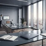 17 glass topped desk city skyline office morning light - Teknologistakken for sømløse hybride møter: utstyr, leverandører og drift