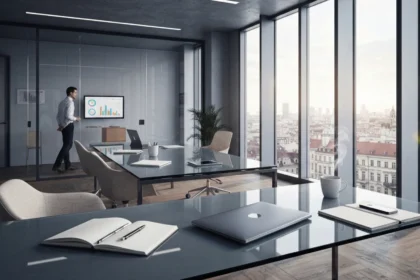 17 glass topped desk city skyline office morning light - Teknologistakken for sømløse hybride møter: utstyr, leverandører og drift