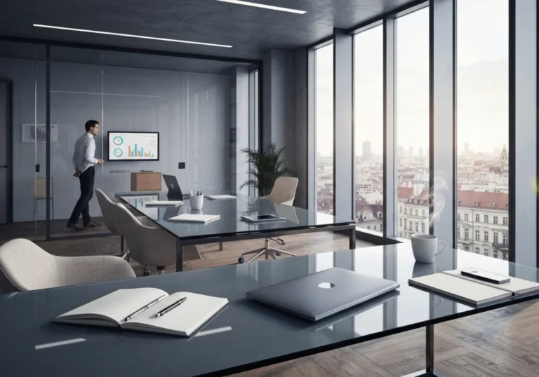 17 glass topped desk city skyline office morning light - Teknologistakken for sømløse hybride møter: utstyr, leverandører og drift