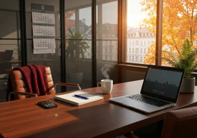 18 walnut desk autumn cityscape through windows - Teknologistakken for sømløse hybride møter: utstyr, leverandører og drift