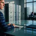 19 navy suited man at sunlit glass desk - Når bør du velge hybrid? Praktisk sjekkliste og scorecard for ledere