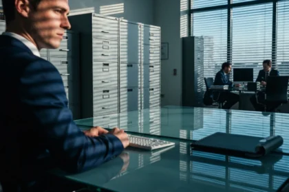 19 navy suited man at sunlit glass desk - Når bør du velge hybrid? Praktisk sjekkliste og scorecard for ledere