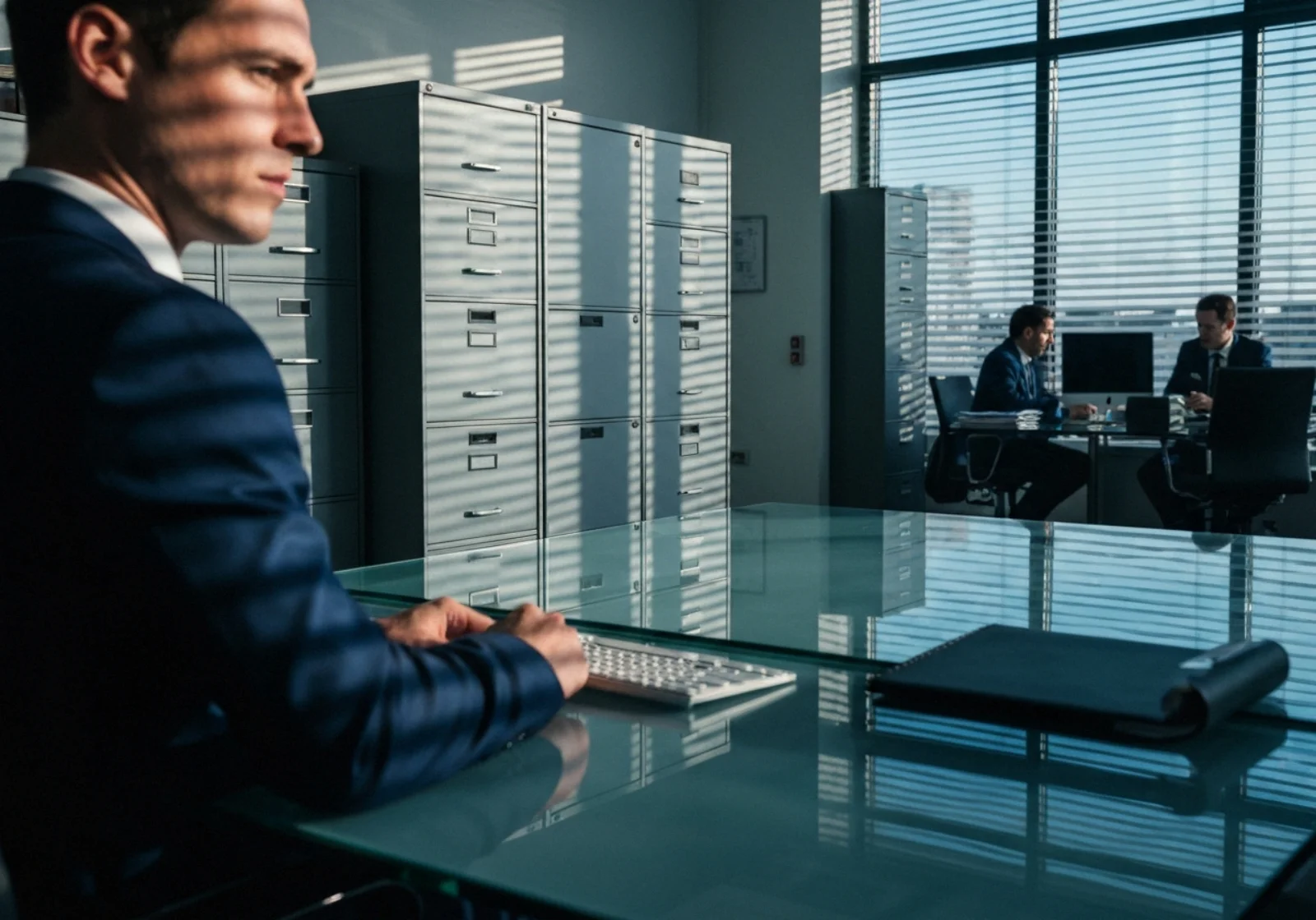 19 navy suited man at sunlit glass desk - Når bør du velge hybrid? Praktisk sjekkliste og scorecard for ledere