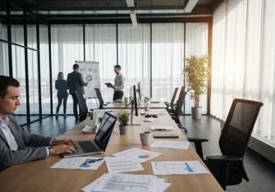 20 diagonal desks in glass walled european office - Når bør du velge hybrid? Praktisk sjekkliste og scorecard for ledere