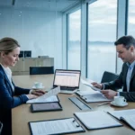 23 nordic office dawn light two executives reviewing contracts - Når er prosjektsamarbeid lovlig? Konkurranse og anbudsregler forklart