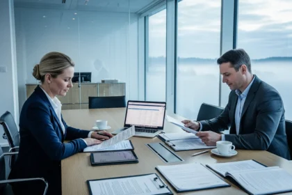 23 nordic office dawn light two executives reviewing contracts - Når er prosjektsamarbeid lovlig? Konkurranse og anbudsregler forklart