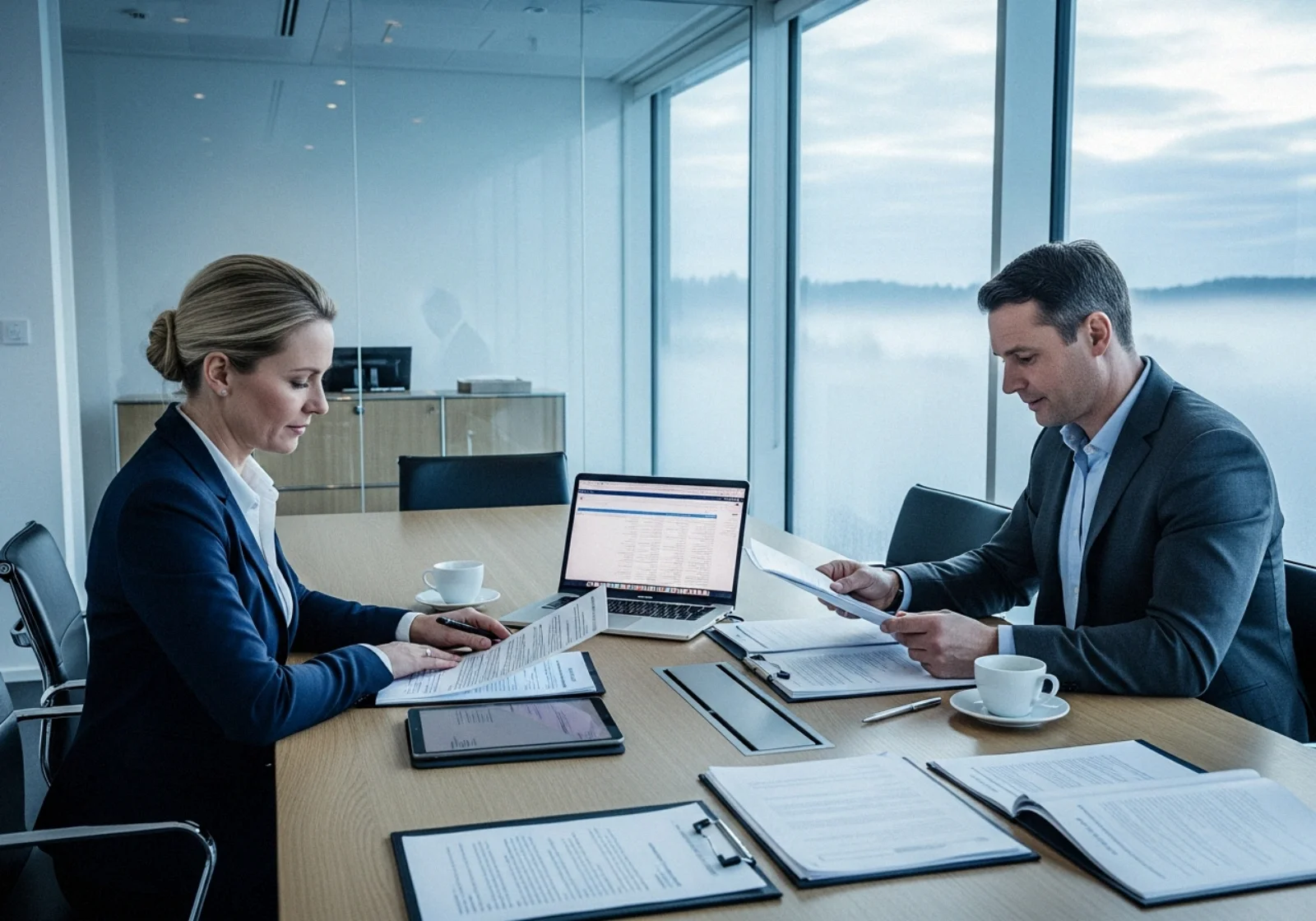 23 nordic office dawn light two executives reviewing contracts - Når er prosjektsamarbeid lovlig? Konkurranse og anbudsregler forklart