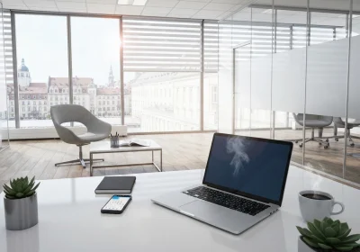 24 candid smartphone office with city view - Slik bruker du LinkedIn for å følge opp nye kontakter (steg + maler)