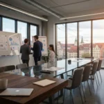 25 three suited professionals around glass table city view - Eksempler på oppfølgings‑e‑post etter møte (maler på norsk)