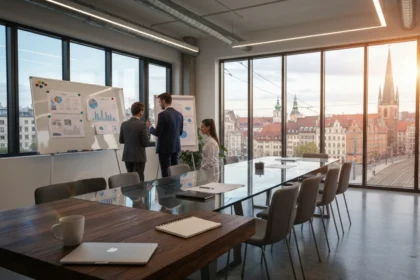 25 three suited professionals around glass table city view - Eksempler på oppfølgings‑e‑post etter møte (maler på norsk)