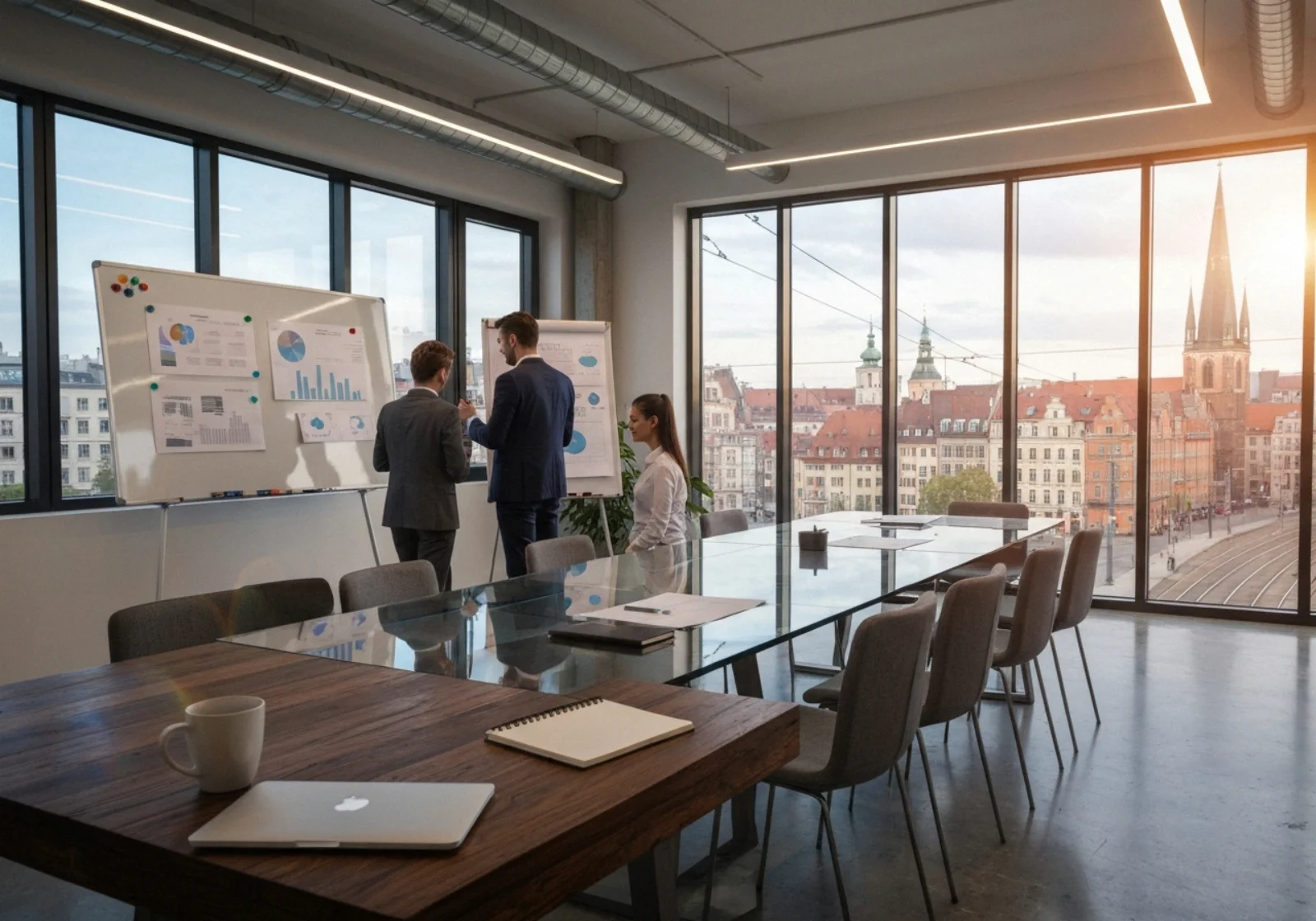 25 three suited professionals around glass table city view - Eksempler på oppfølgings‑e‑post etter møte (maler på norsk)
