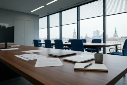 27 low angle smartphone shot over european office desk - Velg riktig møteformat: fysisk, digitalt eller hybrid – beslutningsmatrise og sjekk...
