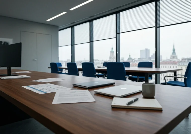 27 low angle smartphone shot over european office desk - Velg riktig møteformat: fysisk, digitalt eller hybrid – beslutningsmatrise og sjekk...