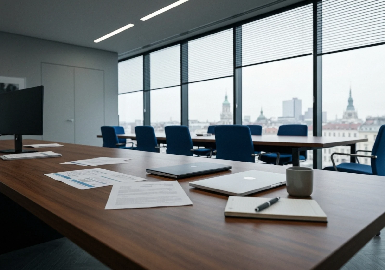 27 low angle smartphone shot over european office desk - Velg riktig møteformat: fysisk, digitalt eller hybrid – beslutningsmatrise og sjekk...