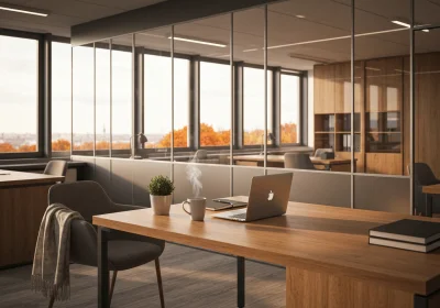 28 smartphone shot autumn european office with glass partitions - Velg riktig møteformat: fysisk, digitalt eller hybrid – beslutningsmatrise...