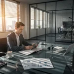 29 european executive under sunlit blinds at glass desk - Sikre oppfølging: Mal for referat og handlingspunkter (action items)