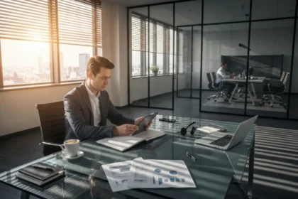 29 european executive under sunlit blinds at glass desk - Sikre oppfølging: Mal for referat og handlingspunkter (action items)