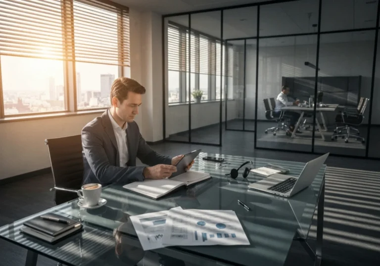 29 european executive under sunlit blinds at glass desk - Sikre oppfølging: Mal for referat og handlingspunkter (action items)