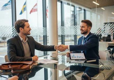 30 nordic office handshake across glass table with tablet - Lov og regelverk for samarbeid mellom kommuner og selskaper