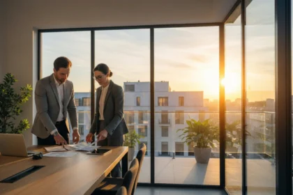 31 nordic business duo in glass office golden hour - Velg riktig samarbeidsform: IKS vs AS vs SA (enkel beslutningsguide)