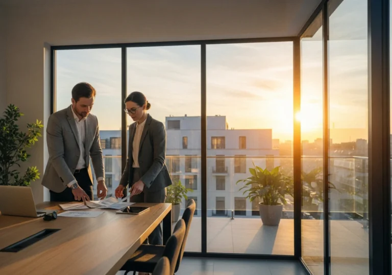 31 nordic business duo in glass office golden hour - Velg riktig samarbeidsform: IKS vs AS vs SA (enkel beslutningsguide)