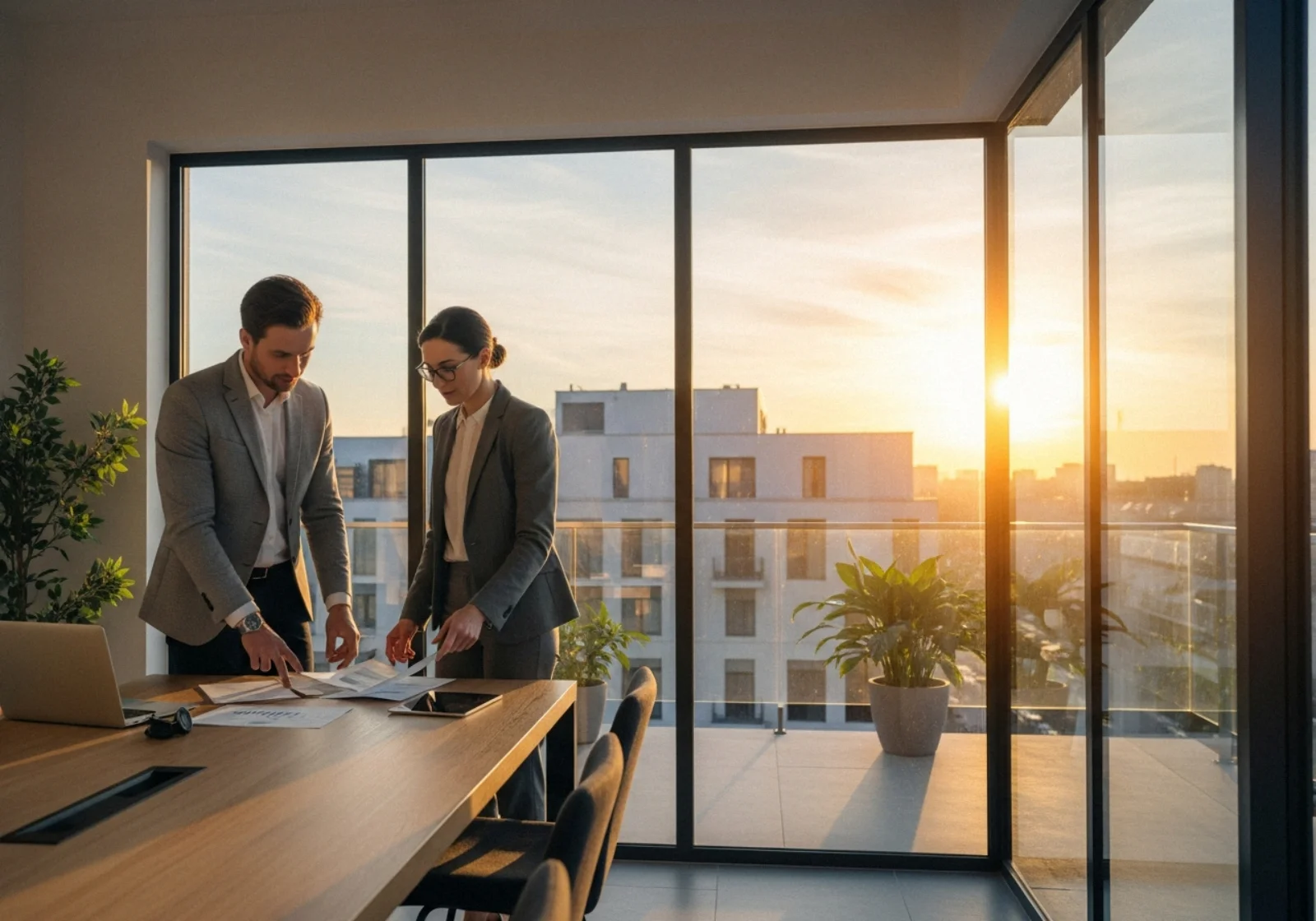 31 nordic business duo in glass office golden hour - Velg riktig samarbeidsform: IKS vs AS vs SA (enkel beslutningsguide)