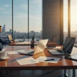 31 three quarter european office with sunlit desk and skyline - Slik skriver du en møteagenda som får resultater (maler + sjekkliste)