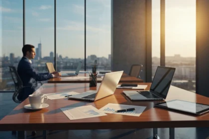 31 three quarter european office with sunlit desk and skyline - Slik skriver du en møteagenda som får resultater (maler + sjekkliste)