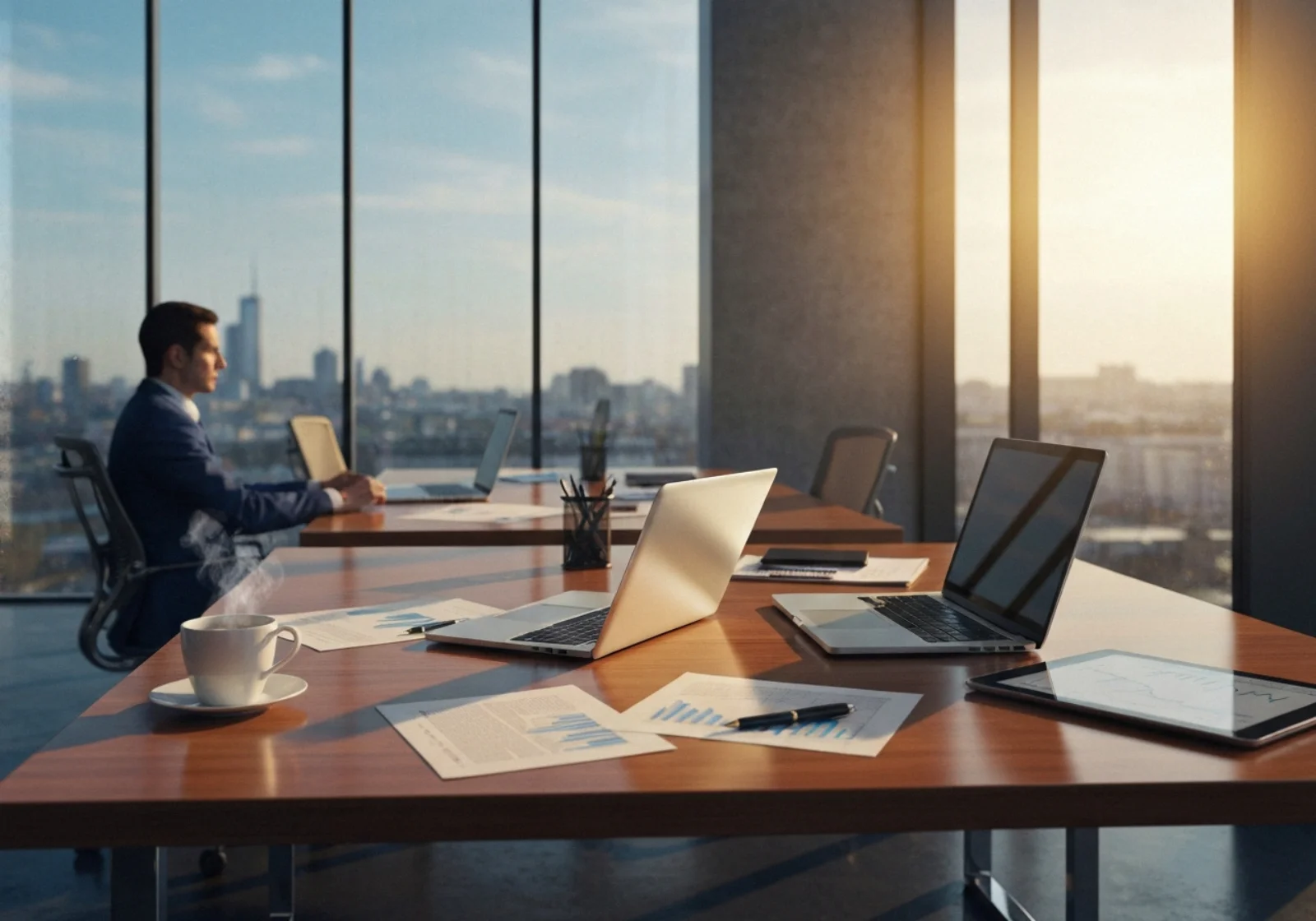 31 three quarter european office with sunlit desk and skyline - Slik skriver du en møteagenda som får resultater (maler + sjekkliste)