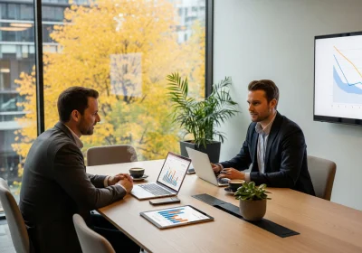 38 autumn light nordic office b2b meeting smartphone realism - B2B-markedsføring: kanaler, strategier og eksempler (med 90-dagers plan)